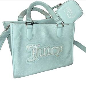 JUICY COUTURE PASTEL TURQUOISE DIAMOND STRING OF PEARLS TOTE W/ BLING LOGO NWT